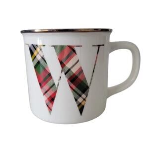Pottery Barn Tartan Plaid W Monogram Mug Ivory Gold Rim Holiday Christmas
